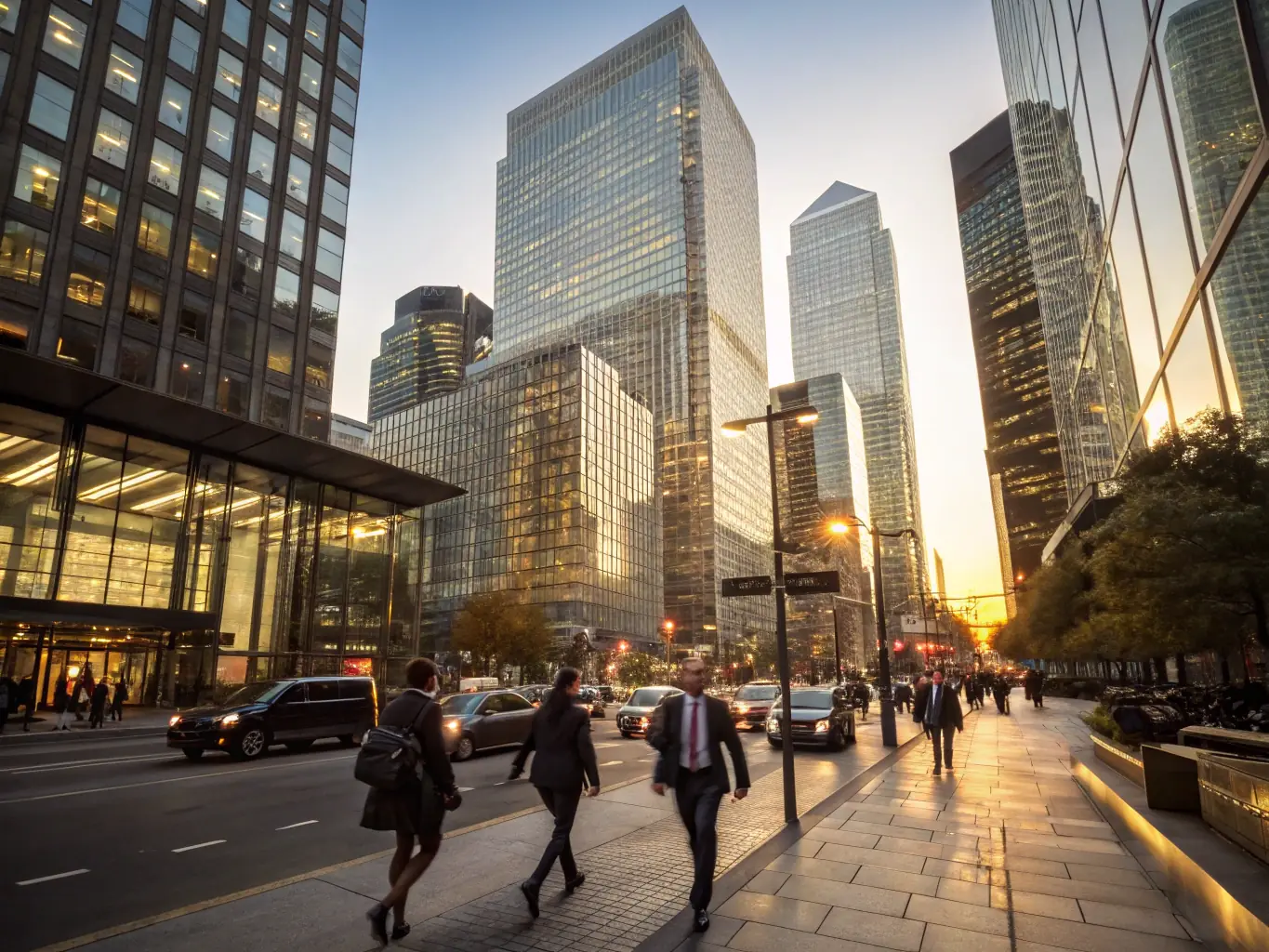 A panoramic view of a financial district with skyscrapers and busy streets, representing the financial services industry.