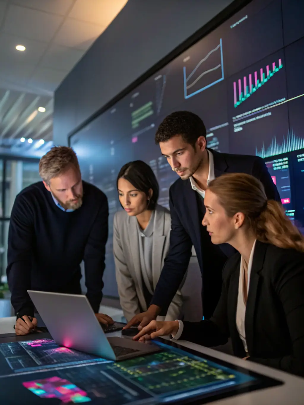 An image of a business team collaborating over digital dashboards and futuristic interfaces.