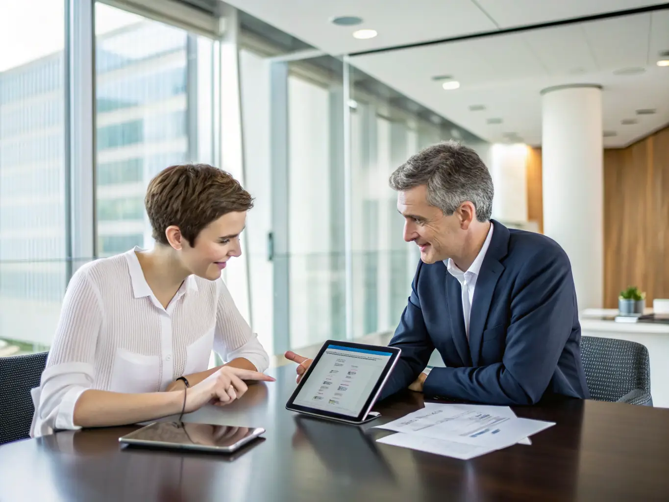 A professional consultant presenting a customized ICT solution to a client in a modern office setting, emphasizing tailored solutions.