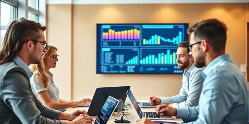 A modern office setting with consultants collaborating on ICT system design, showcasing the integration of technology and teamwork.