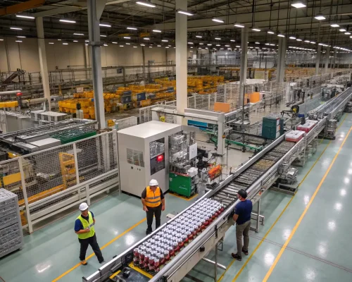 A busy manufacturing plant with automated machinery and robotic arms, representing the manufacturing industry, with Global Trading Express consultants optimizing supply chain and production processes.
